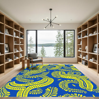 Bold Yellow Curvy Ferns Blue Rug