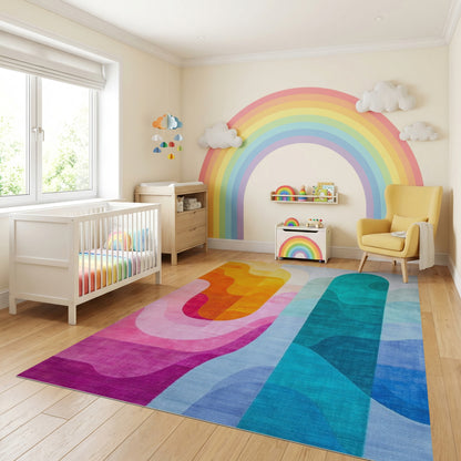 Vibrant Orange Teal Wavy Abstract Rug