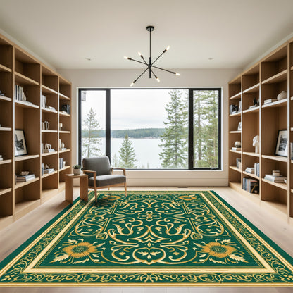 Emerald Golden Floral Intricate Border Rug