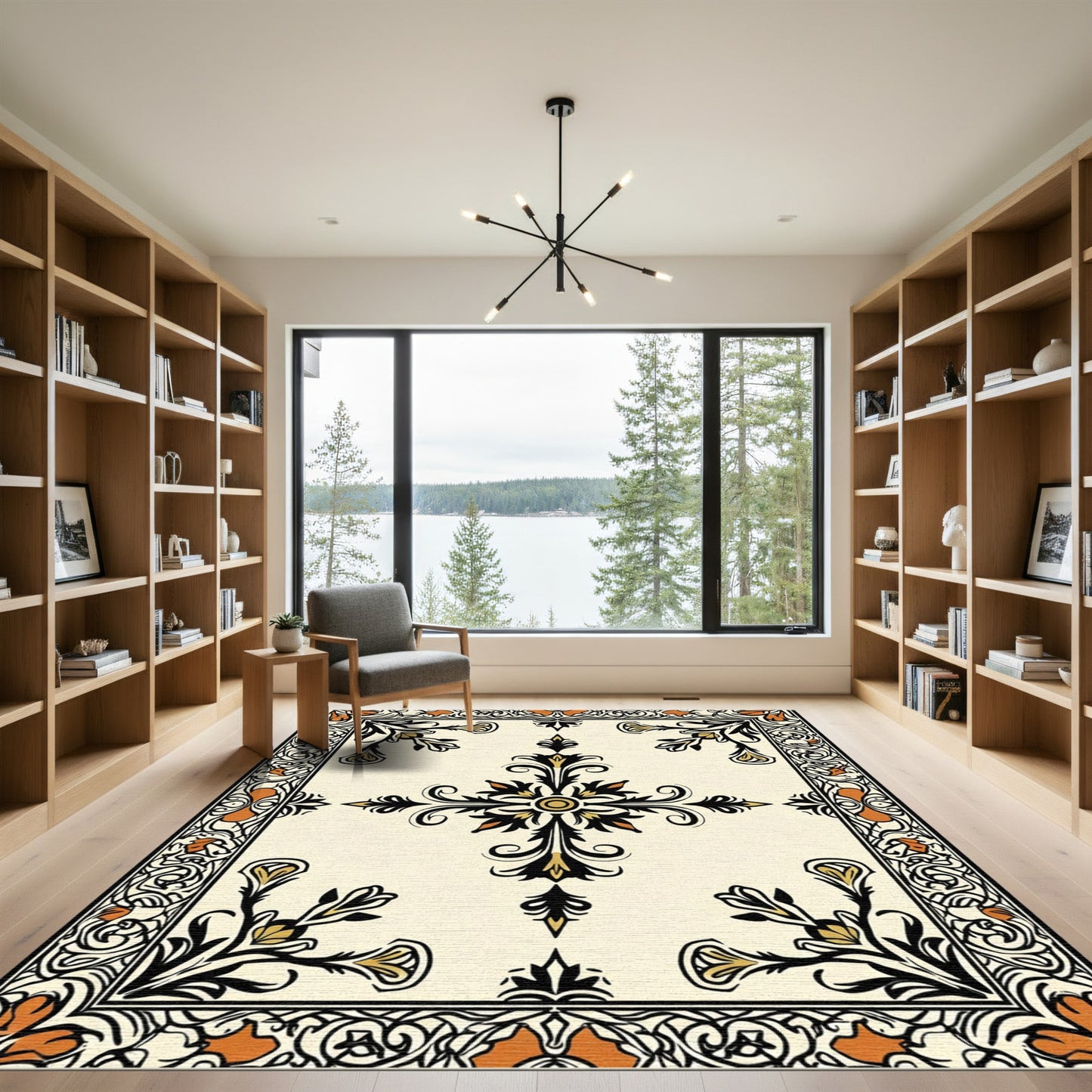 Cream Black Orange Floral Scrollwork Rug