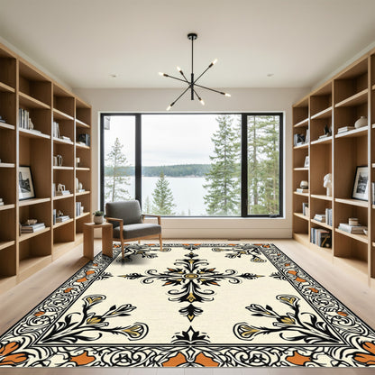 Cream Black Orange Floral Scrollwork Rug