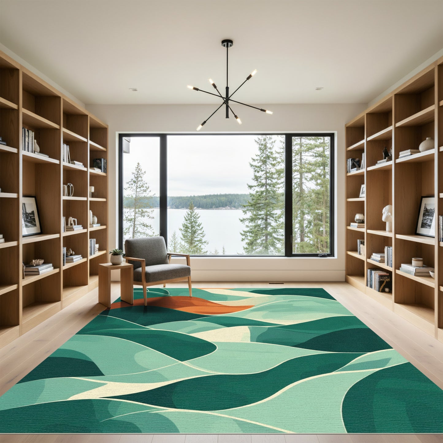 Abstract Teal Orange Wavy Landscape Rug