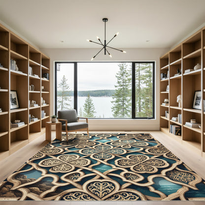 Golden Filigree Trellis Deep Teal Waters Rug