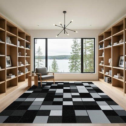 Modern Minimalist Monochrome Geometric Grid Rug