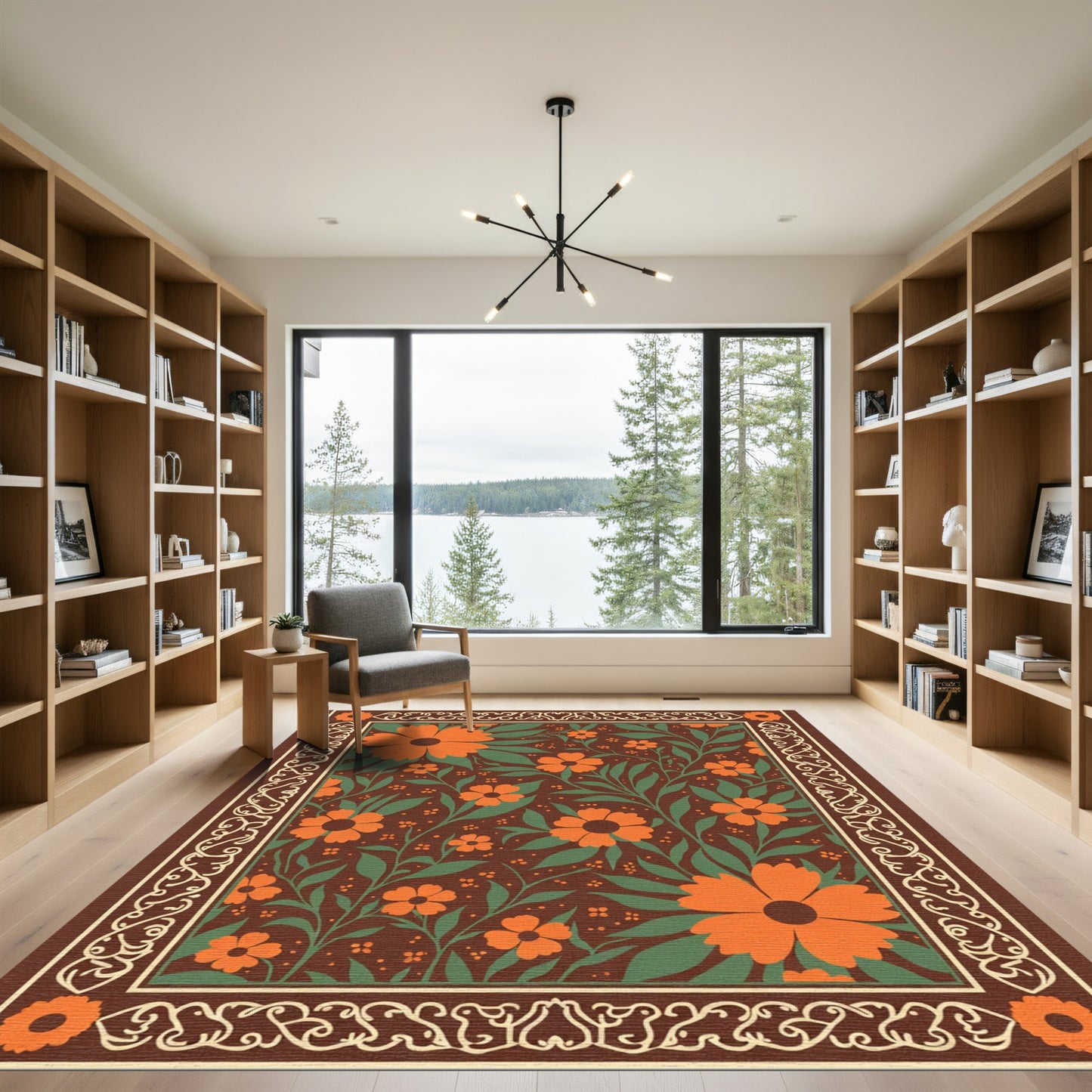 Orange Floral Vine Border Rug