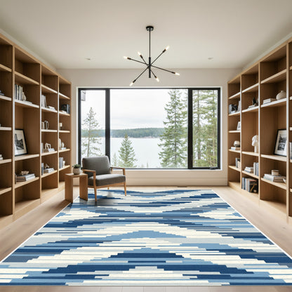 Geometric Blue Chevron Striations Rug