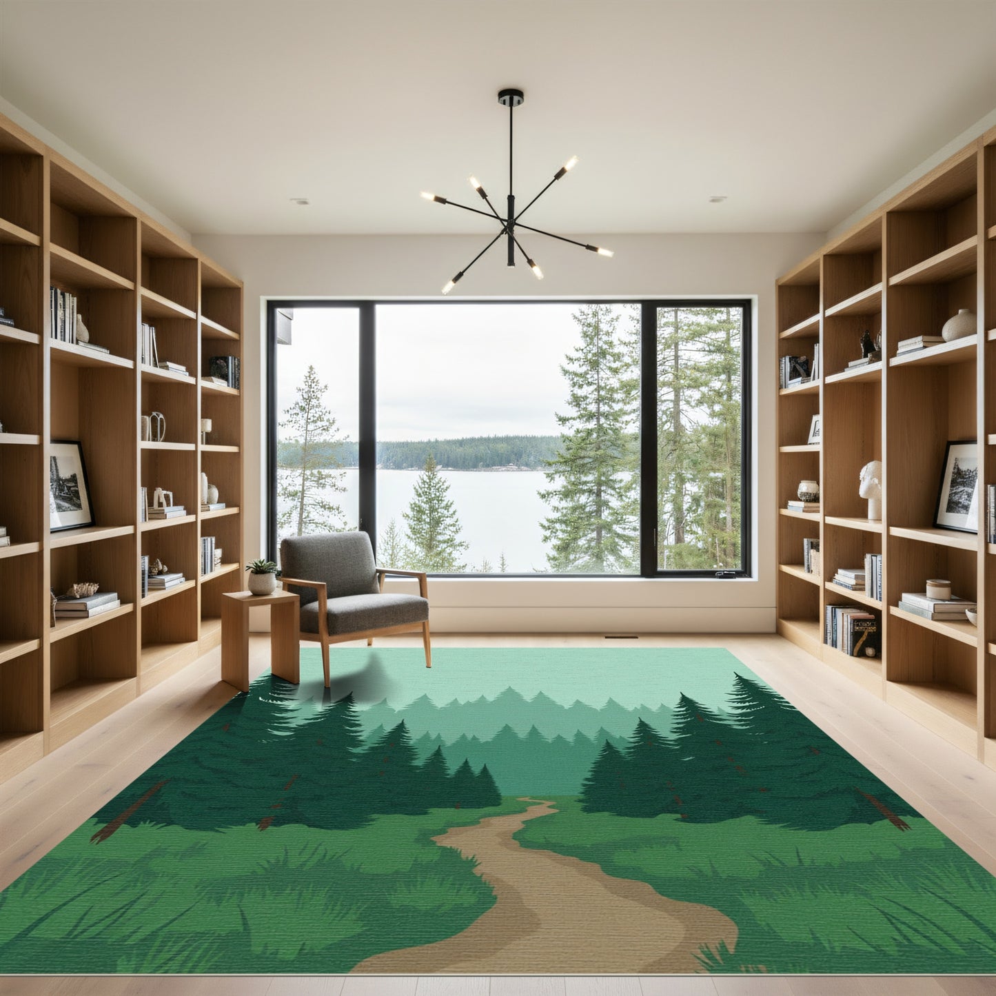 Misty Forest Path Evergreen Trees Rug