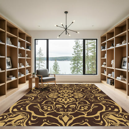 Earthy Brown Golden Floral Mandala Rug