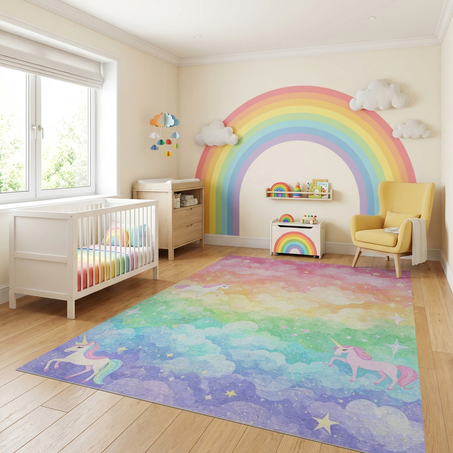 Whimsical Unicorn Rainbow Cloud Stars Rug