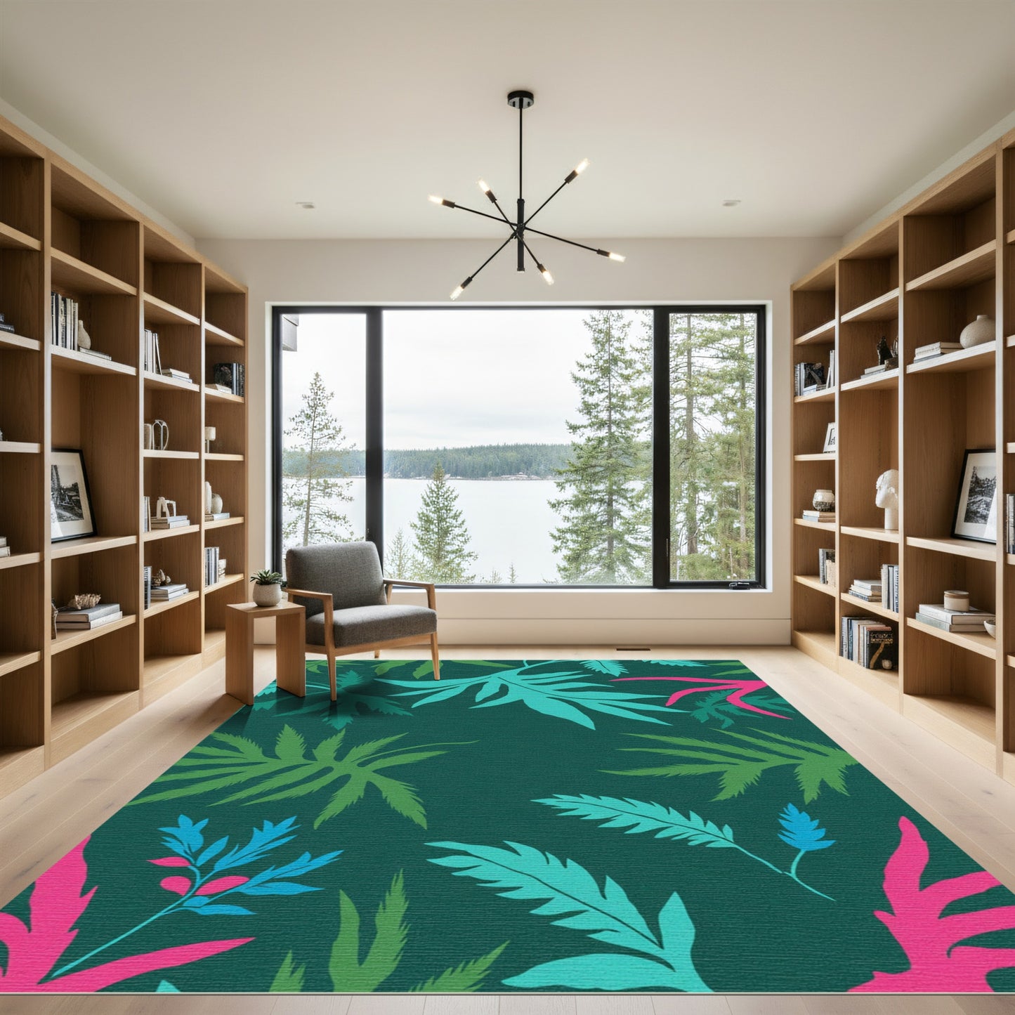 Vibrant Teal Pink Leafy Garden Rug