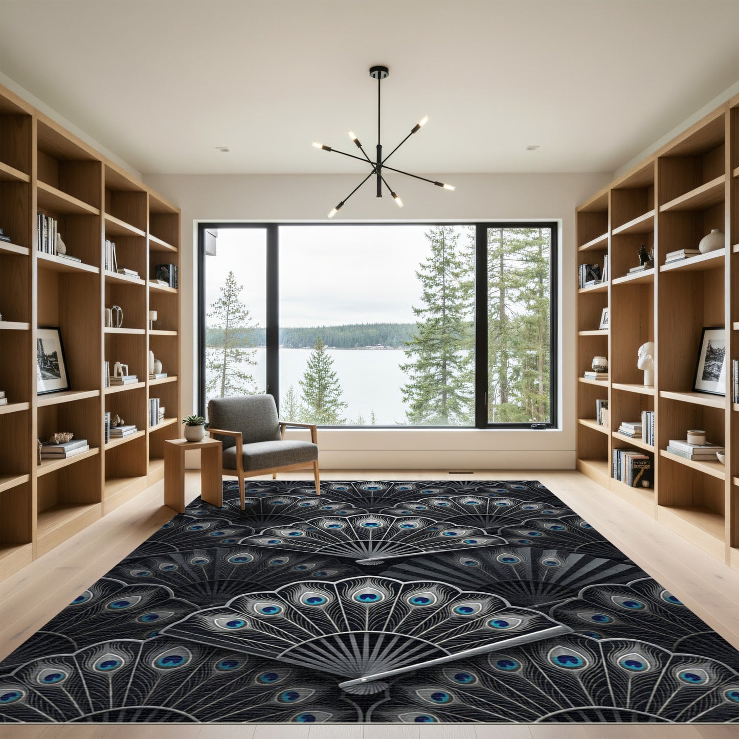 Black Teal Feather Fan Arrangement Rug