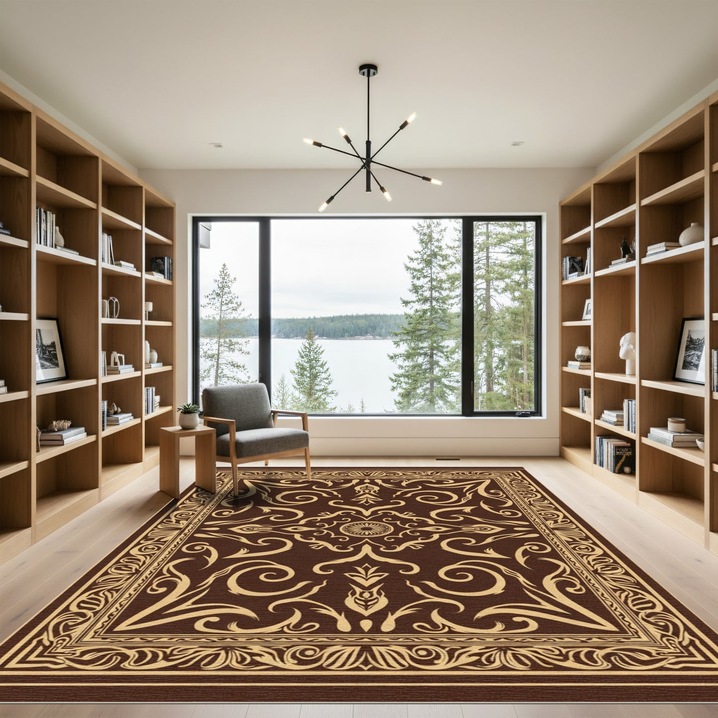 Brown and Tan Ornamental Scroll Rug