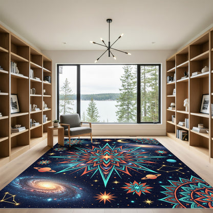 Cosmic Orange Teal Starburst Mandala Rug
