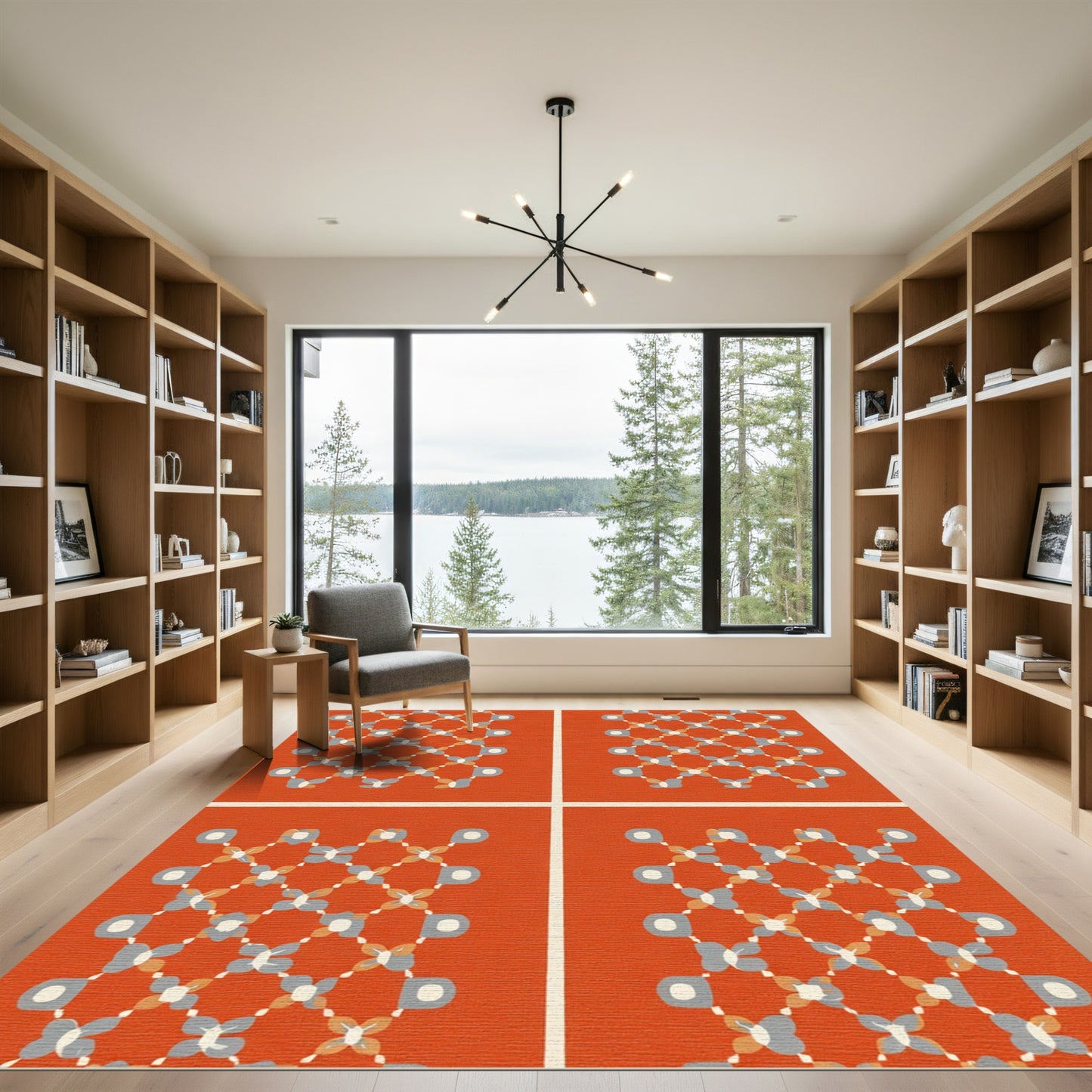 Orange Lattice White Floral Clusters Rug