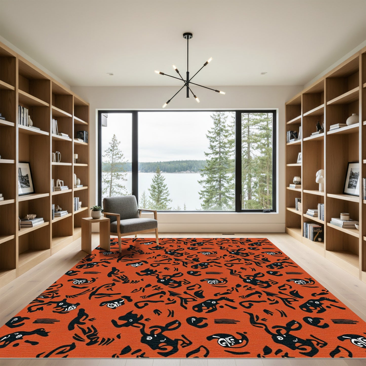 Orange Black Whimsical Creature Pattern Rug