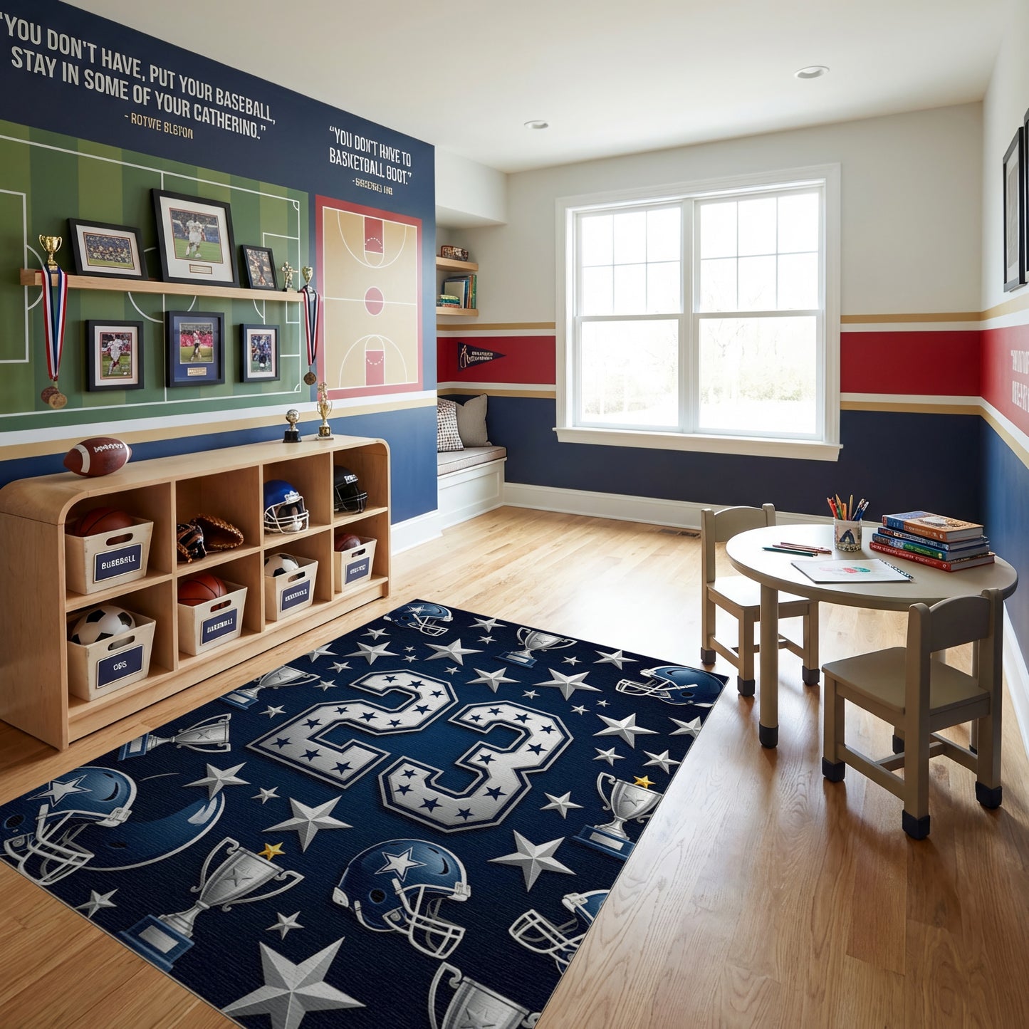 Navy Silver 23 Helmets Stars Trophies Rug