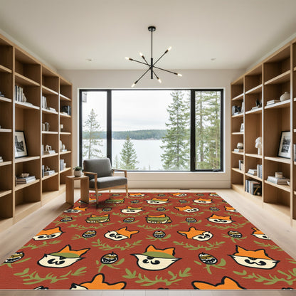 Whimsical Fox Faces Leafy Branches Rug