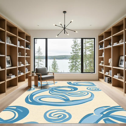 Ocean Blue Swirl Calligraphy Rug