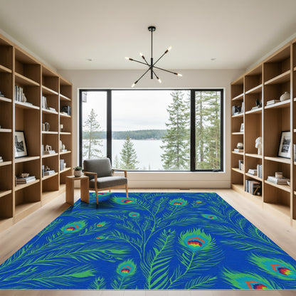 Vibrant Blue Green Peacock Feather Rug