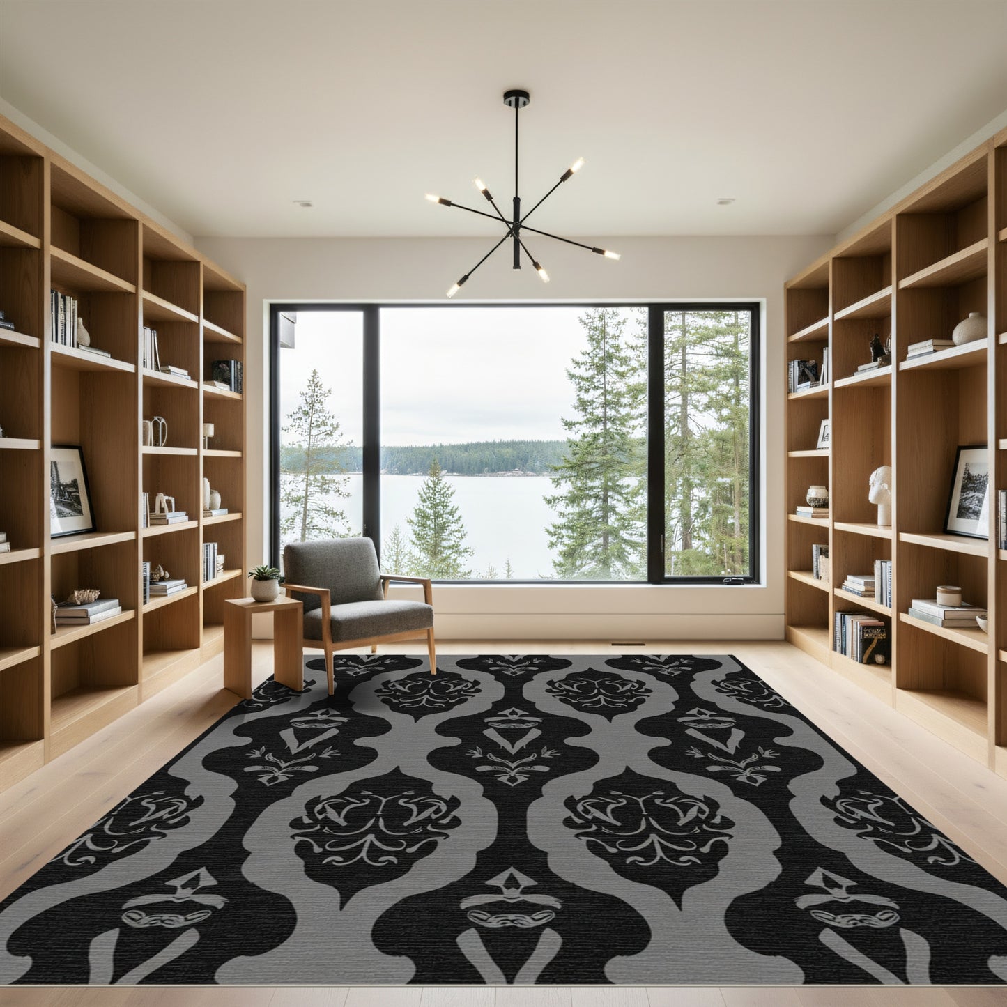 Dark Gray Baroque Scroll Damask Rug