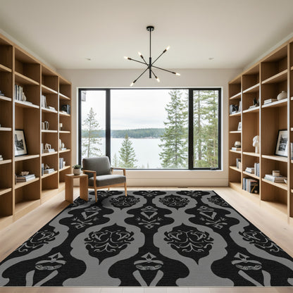 Dark Gray Baroque Scroll Damask Rug