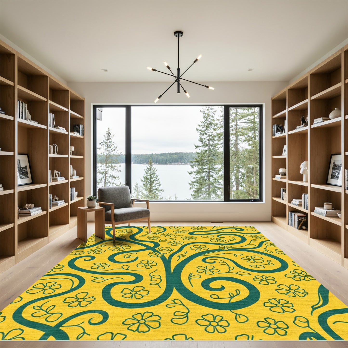 Golden Yellow Green Floral Swirl Rug
