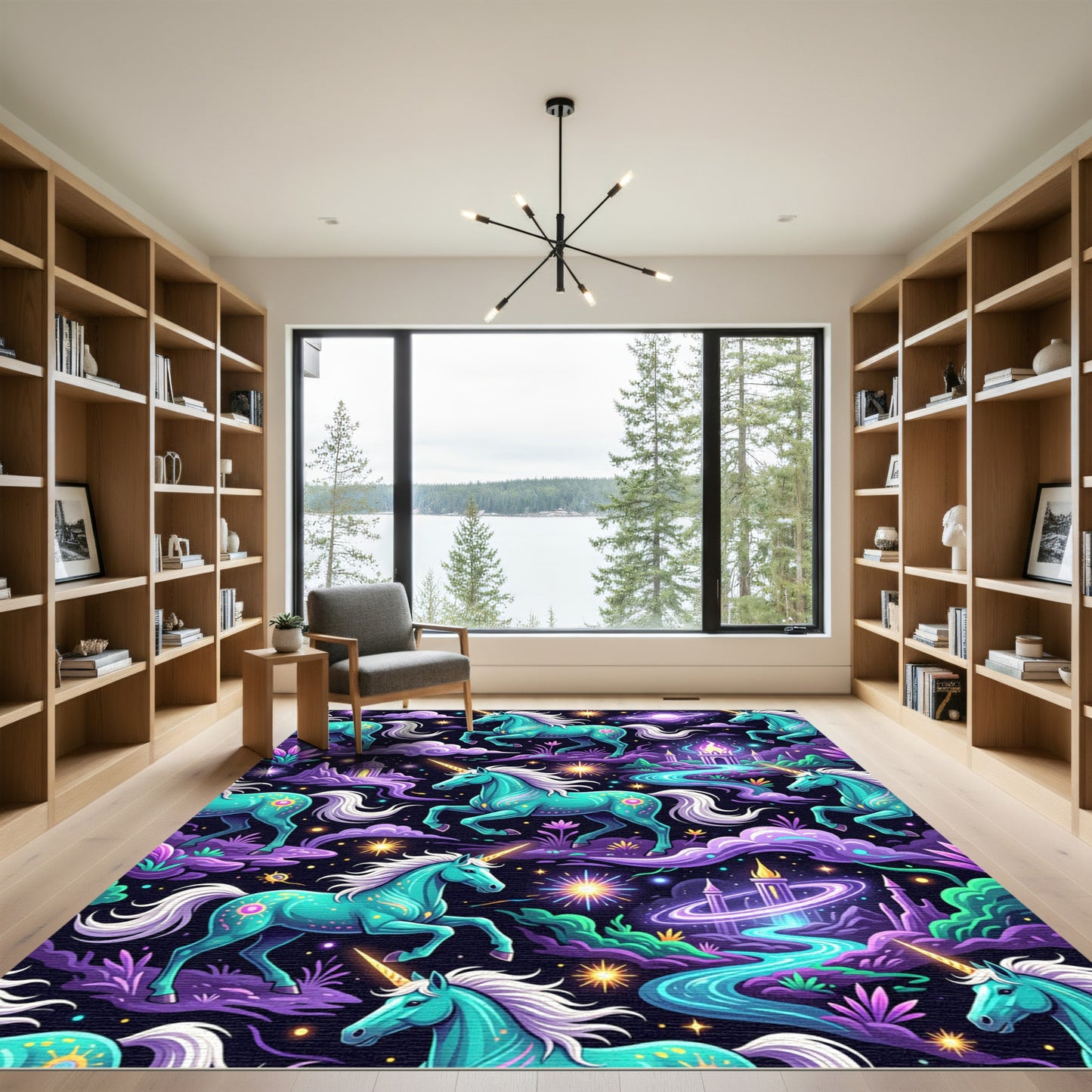 Whimsical Teal Unicorn Celestial Castle Rug