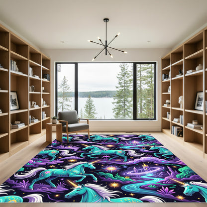 Whimsical Teal Unicorn Celestial Castle Rug