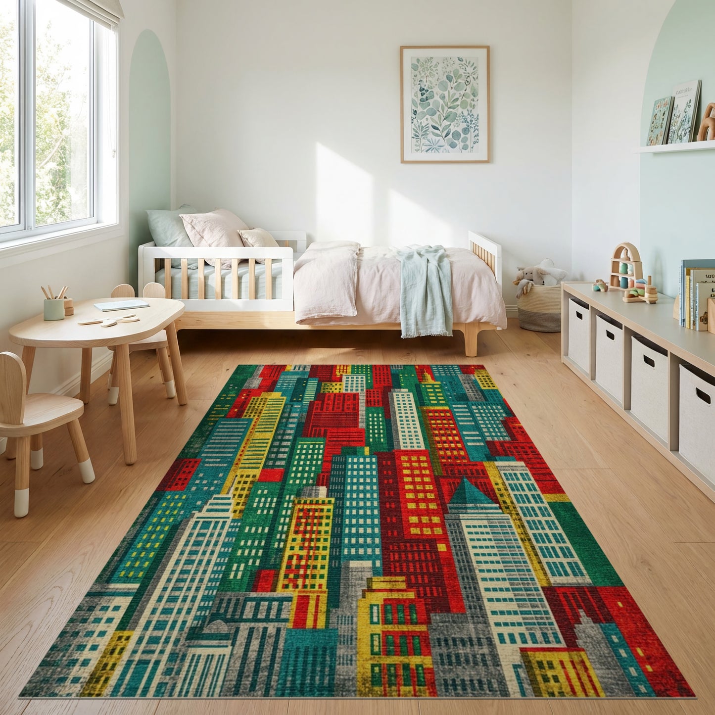 Vibrant Red Teal City Skyline Rug