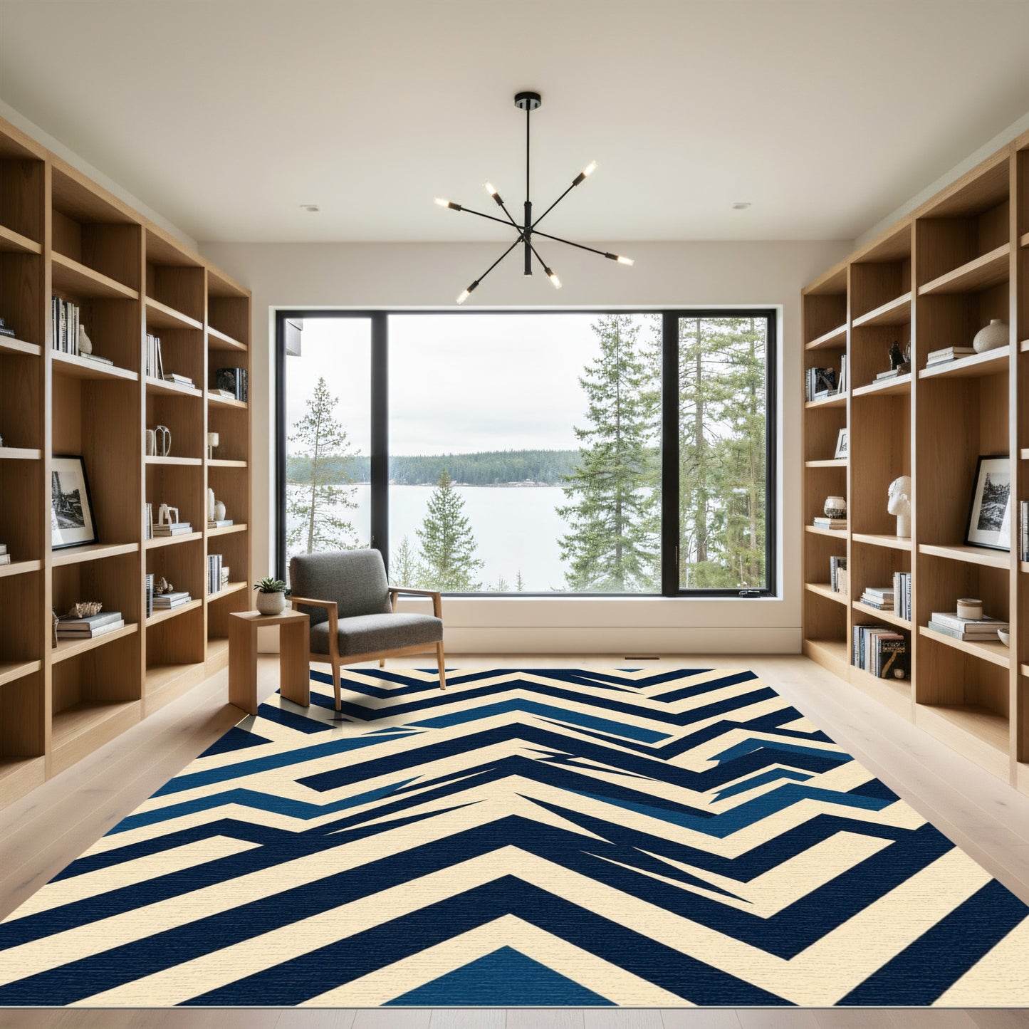 Abstract Navy and Cream Chevron Zigzag Rug