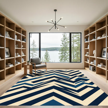 Abstract Navy and Cream Chevron Zigzag Rug