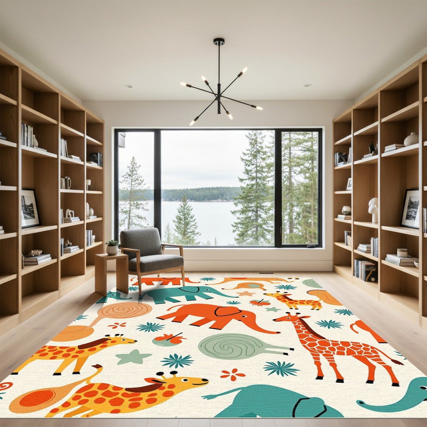 Playful Orange Green Elephant Giraffe Collage Rug
