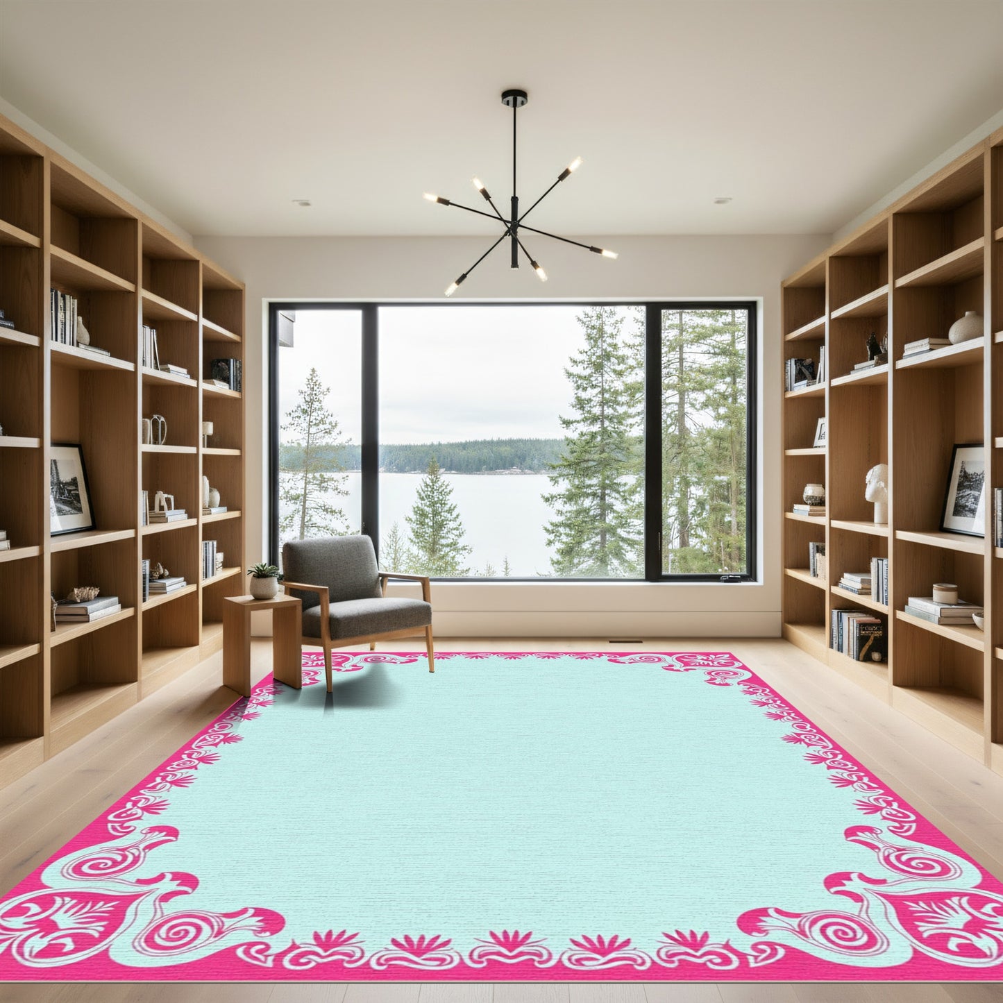 Ornate Pink Teal Scroll Border Rug