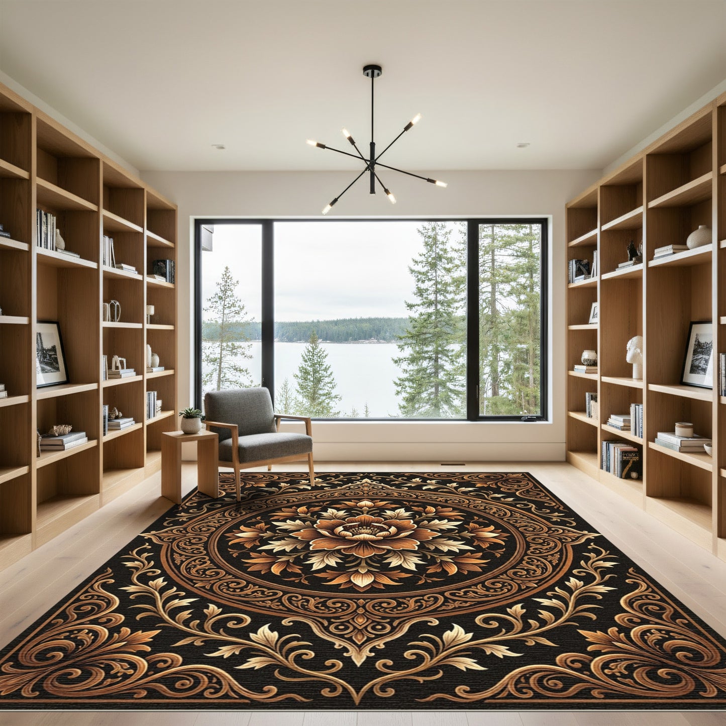 Elegant Gold Floral Medallion Scroll Rug