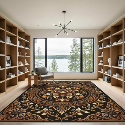 Elegant Gold Floral Medallion Scroll Rug