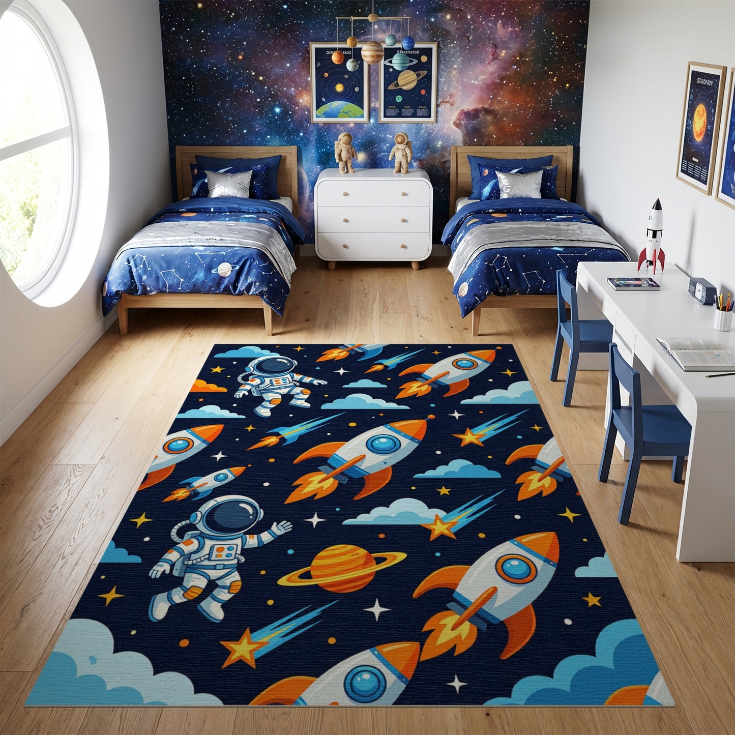 Whimsical Astronaut Rockets Stars Clouds Rug
