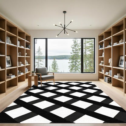 Bold Black White Lattice Overlay Rug
