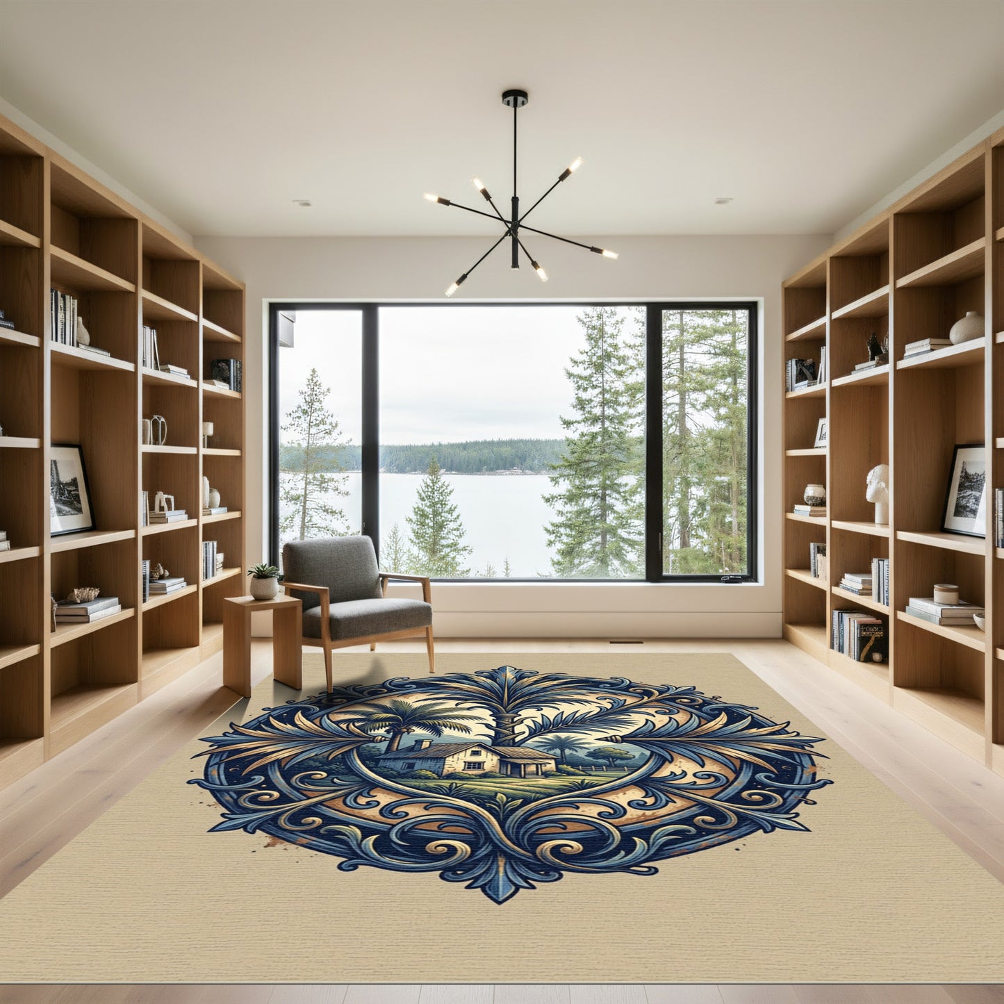 Ornate Blue Tropical Landscape Medallion Rug