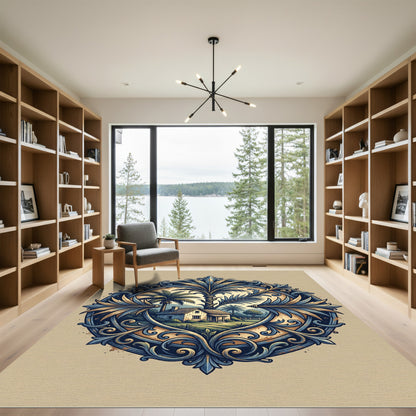 Ornate Blue Tropical Landscape Medallion Rug