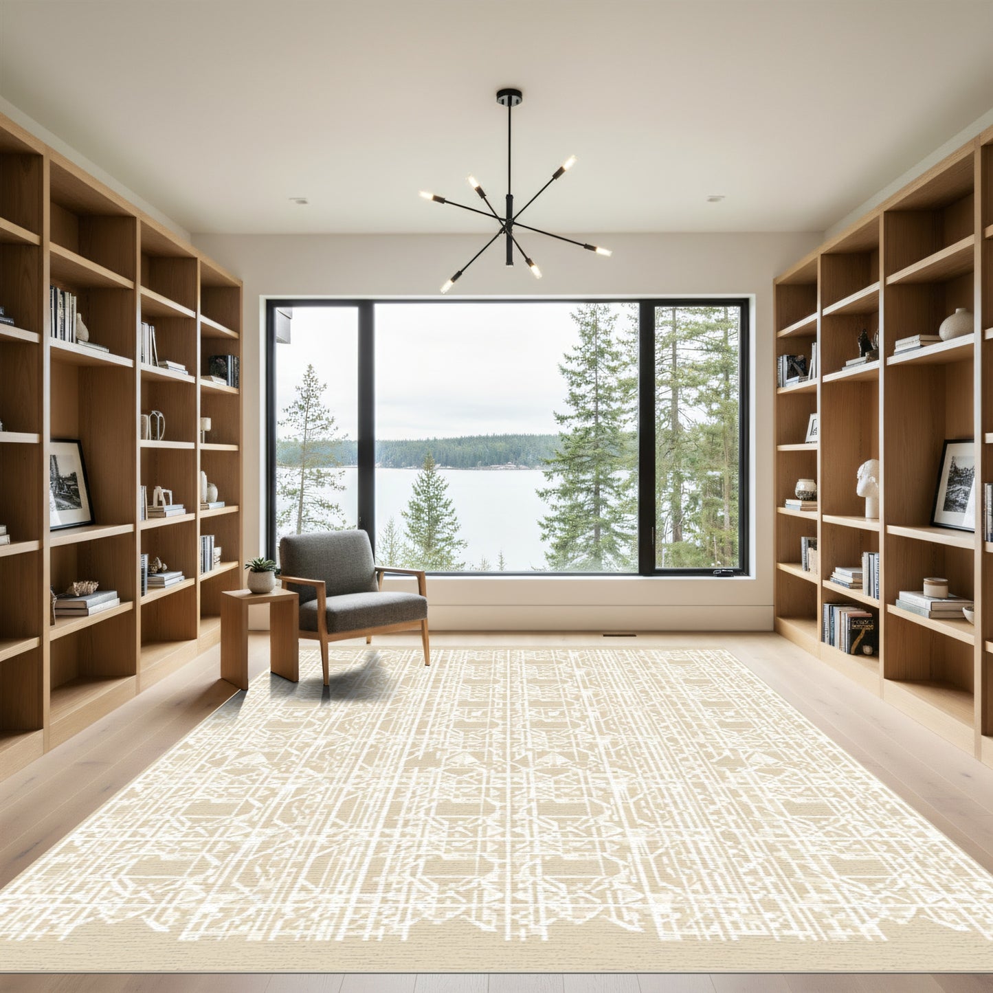 Cream White Geometric Lattice Overlay Rug