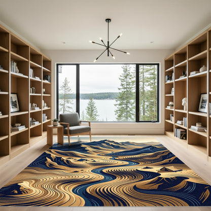 Abstract Blue and Gold Mountain Landscape Rug
