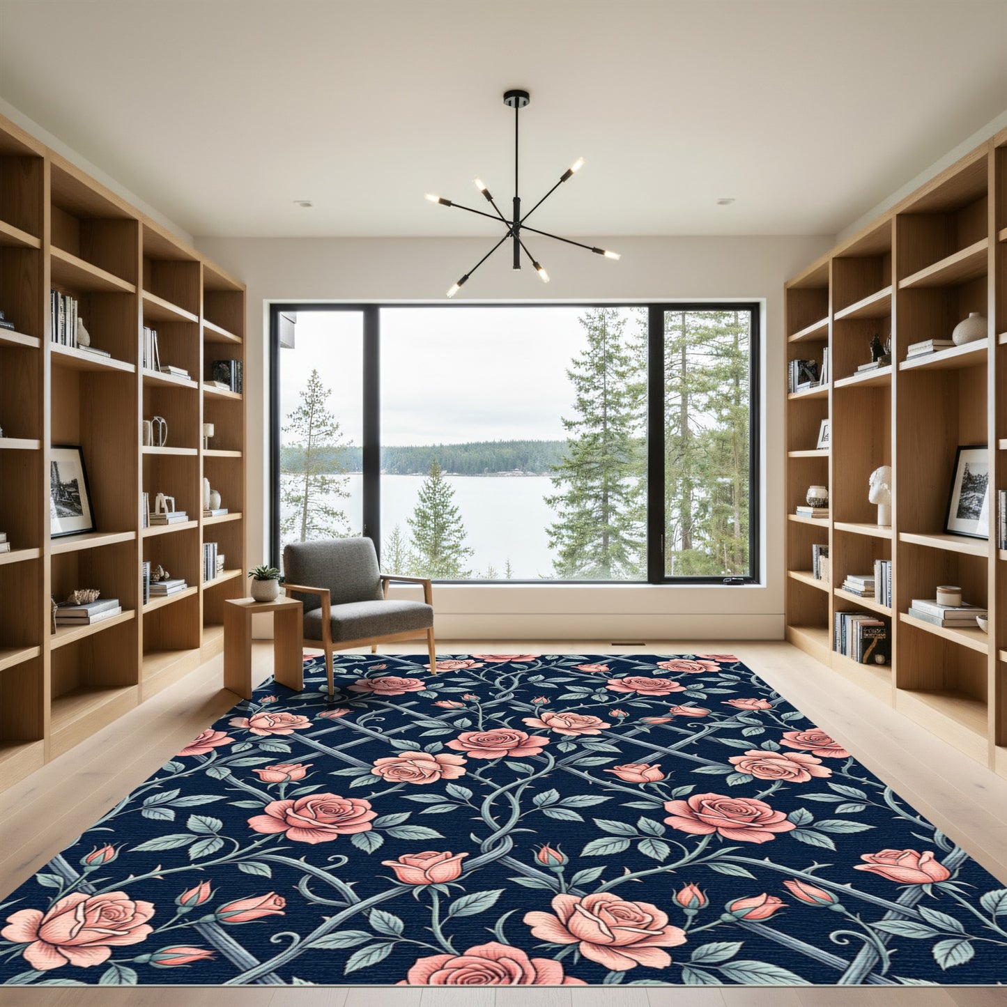 Vintage Pink Rose Trellis Navy Botanical Rug