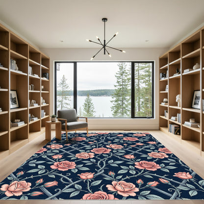 Vintage Pink Rose Trellis Navy Botanical Rug