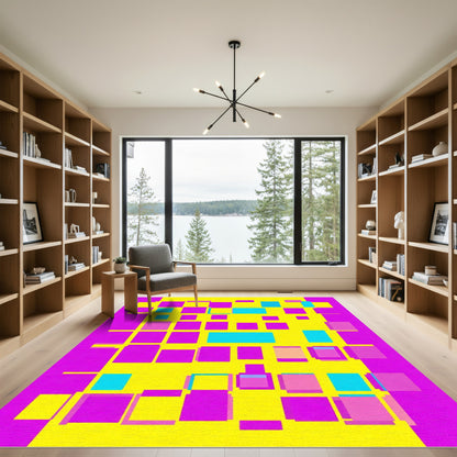 Bold Pink Yellow Cyan Geometric Blocks Rug