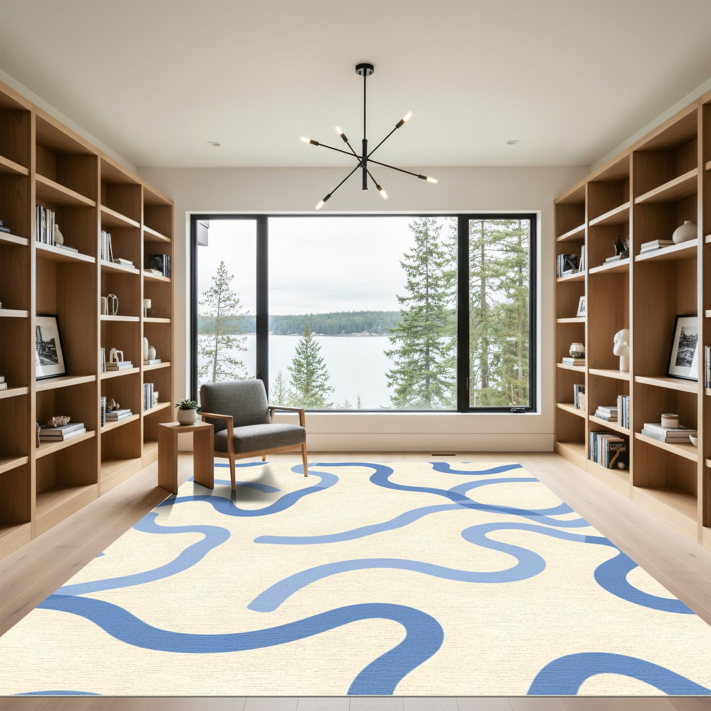 Cream Blue Abstract Swirls Rug