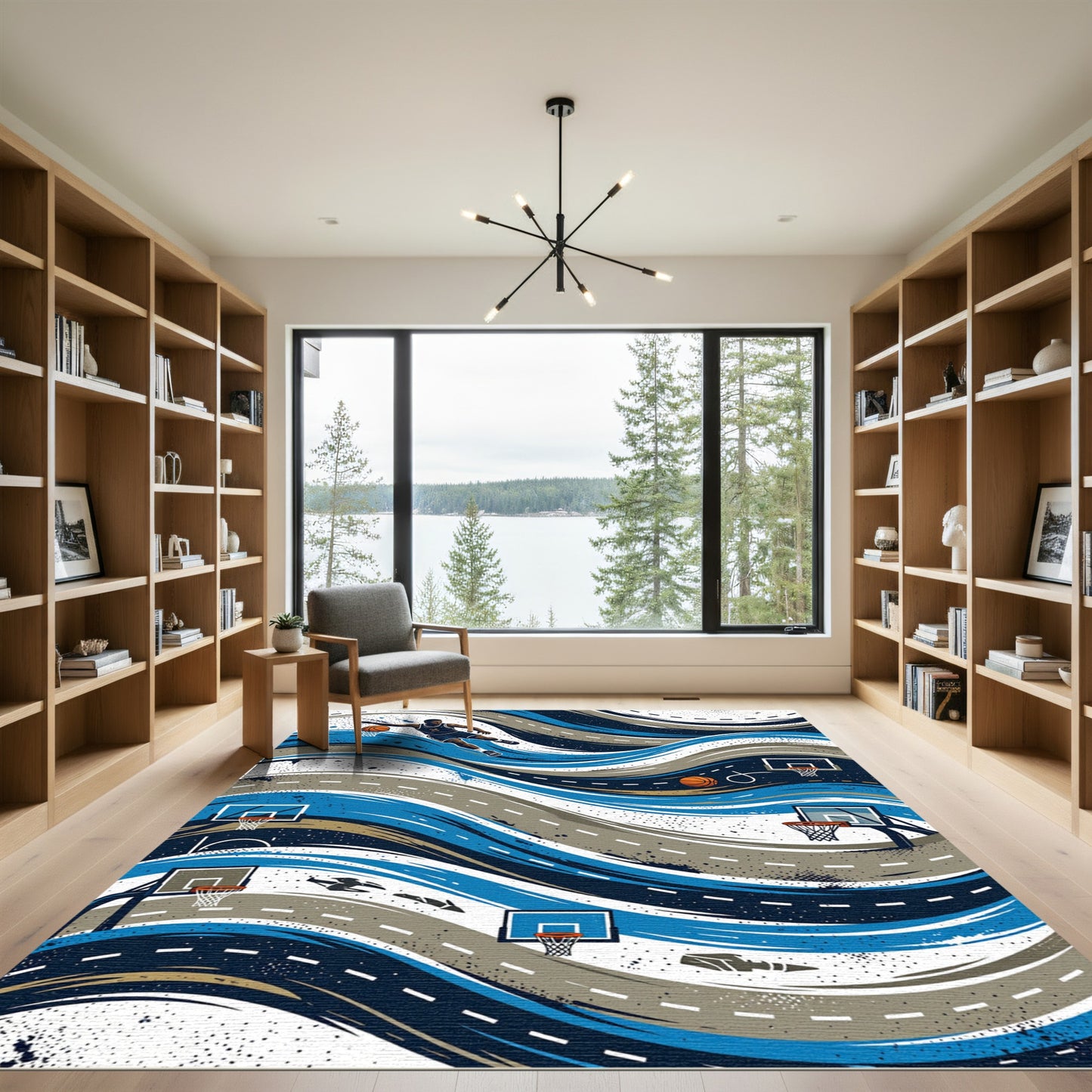 Dynamic Blue Basketball Motion Swirl Rug