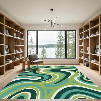 Retro Green Swirl Abstract Rug