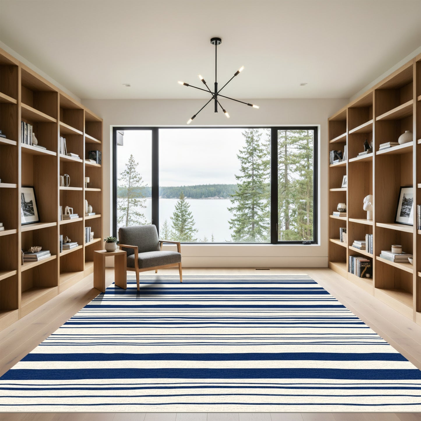 Navy Blue Cream Stripe Textural Rug