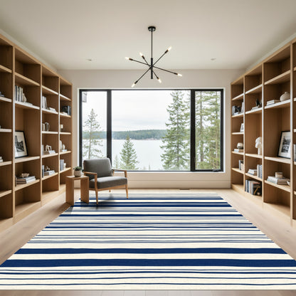Navy Blue Cream Stripe Textural Rug