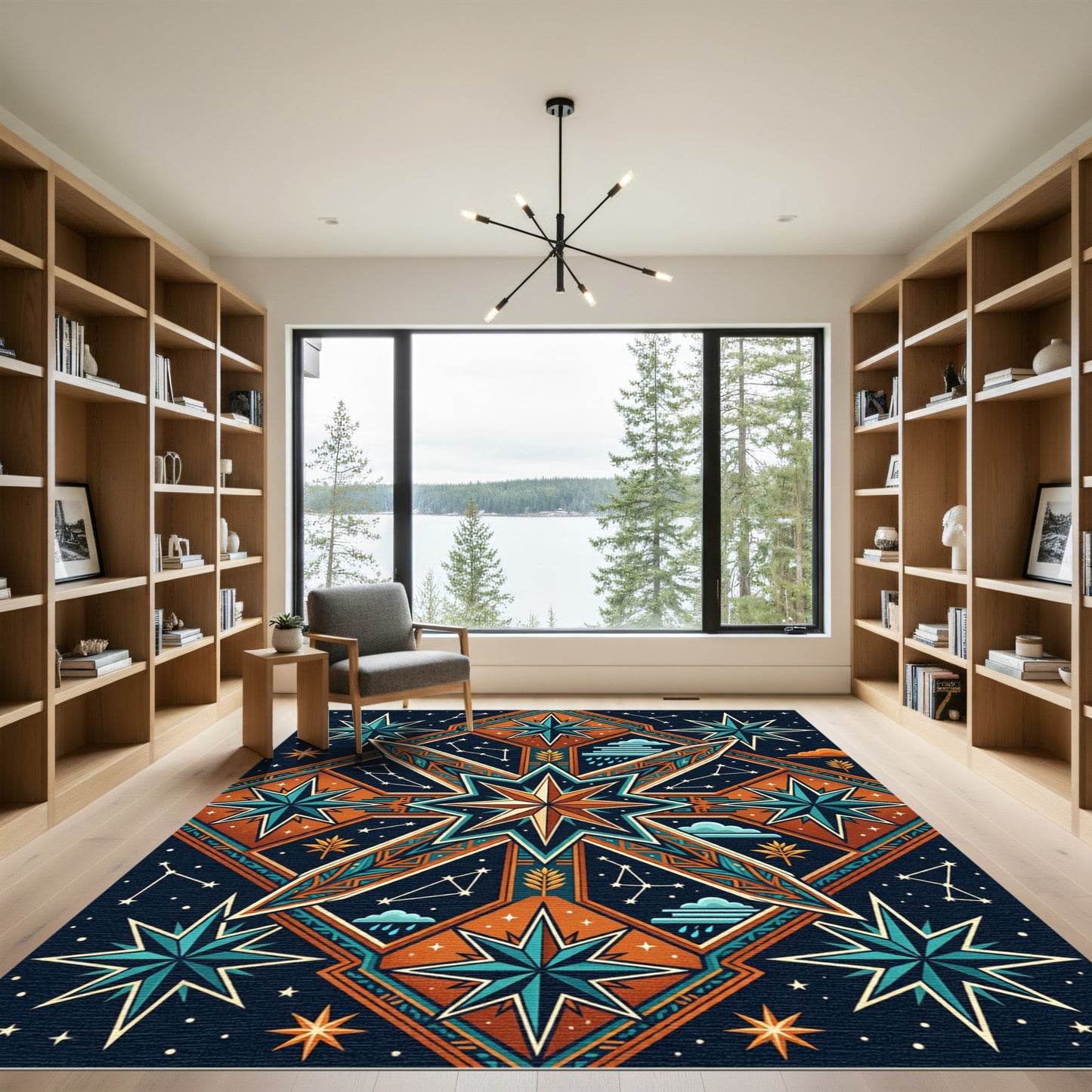 Celestial Copper Geometric Starry Compass Rug